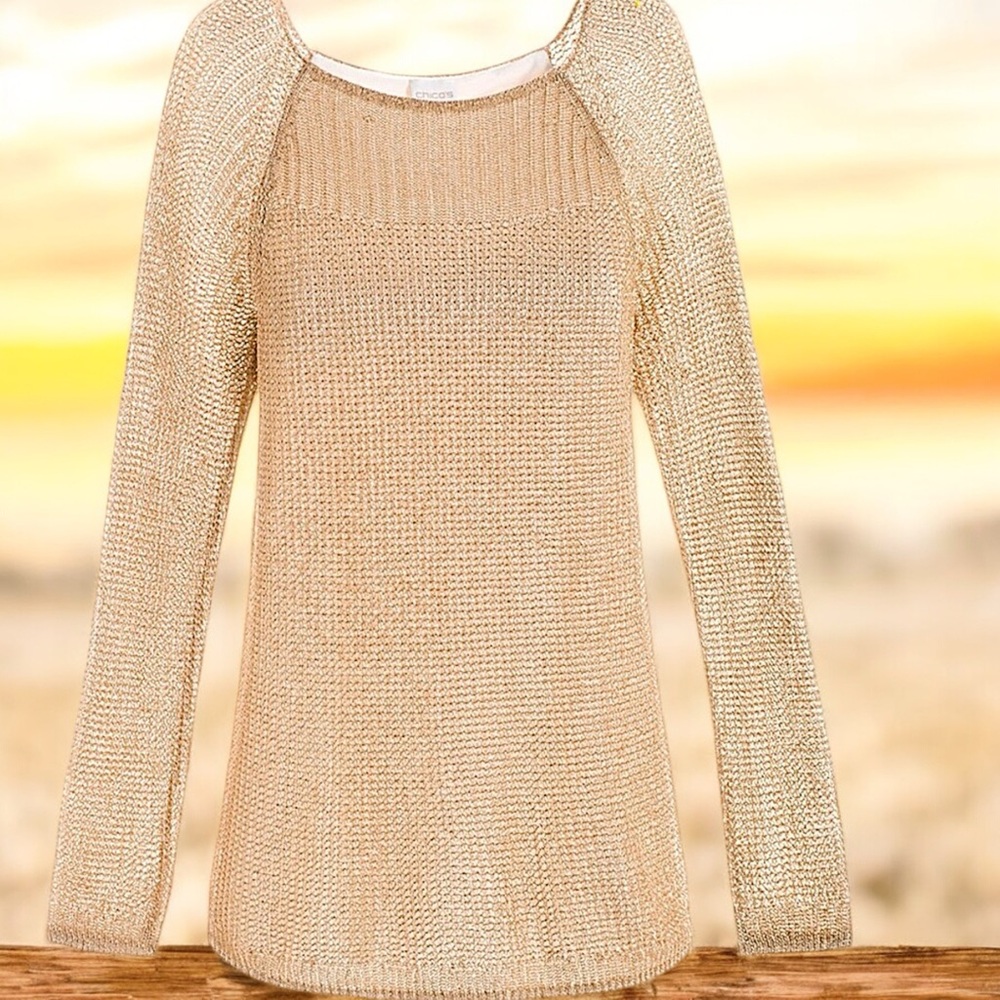 Chico’s Loose Gold Shine-Stitch Amanda Pullover with Attached Shell - Picture 9 of 16